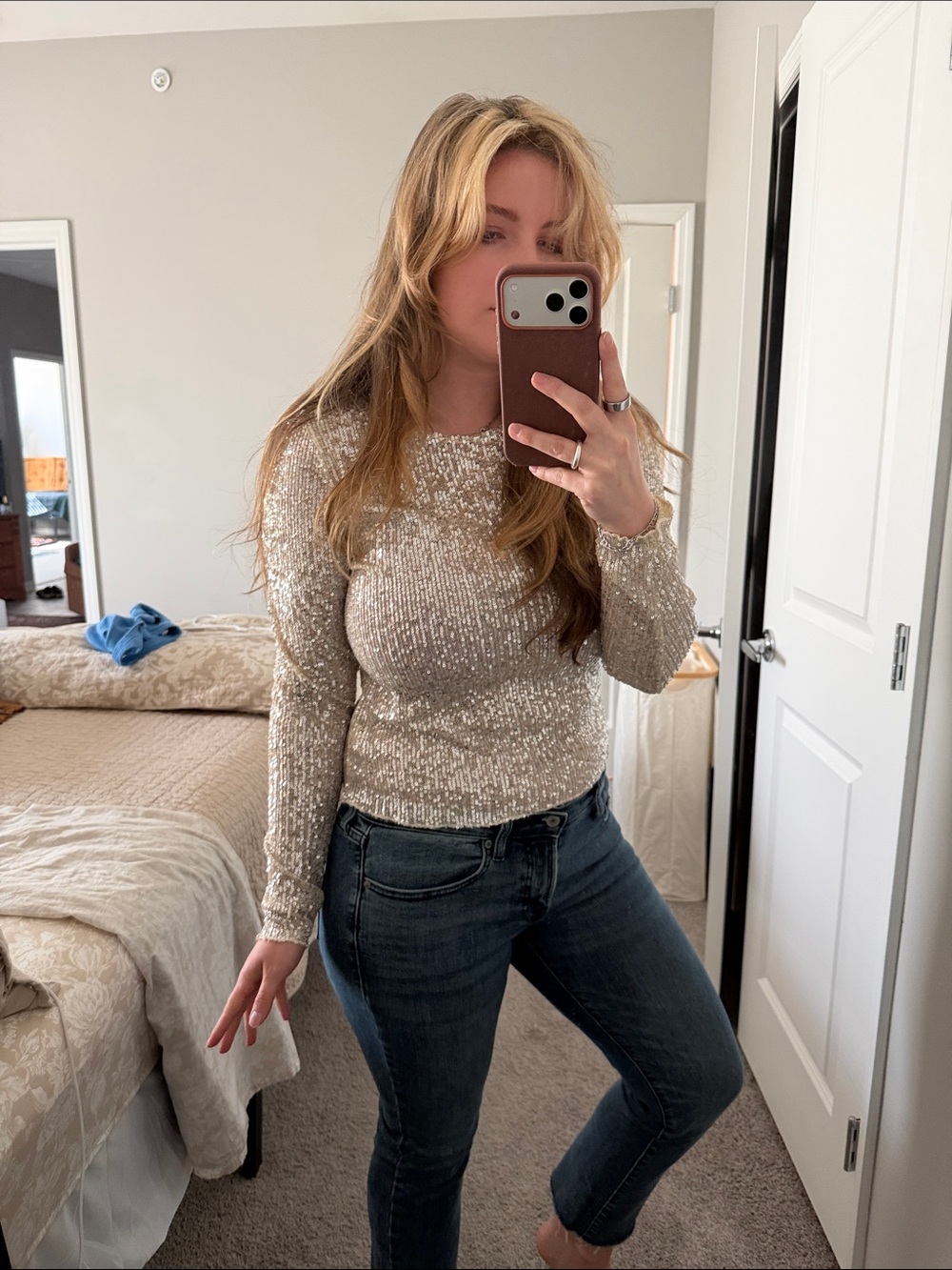 Lucky Brand Silver Sequin Long-Sleeve Top